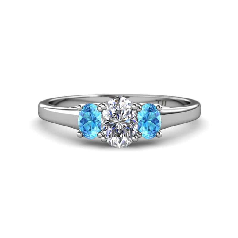Orana 7x5 mm Oval Cut Diamond and Blue Topaz 1.50 ctw Trellis Three Stone Engagement Ring 