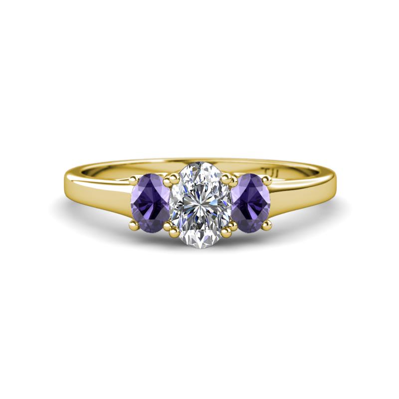 Orana 7x5 mm Oval Cut Diamond and Iolite 1.45 ctw Trellis Three Stone Engagement Ring 