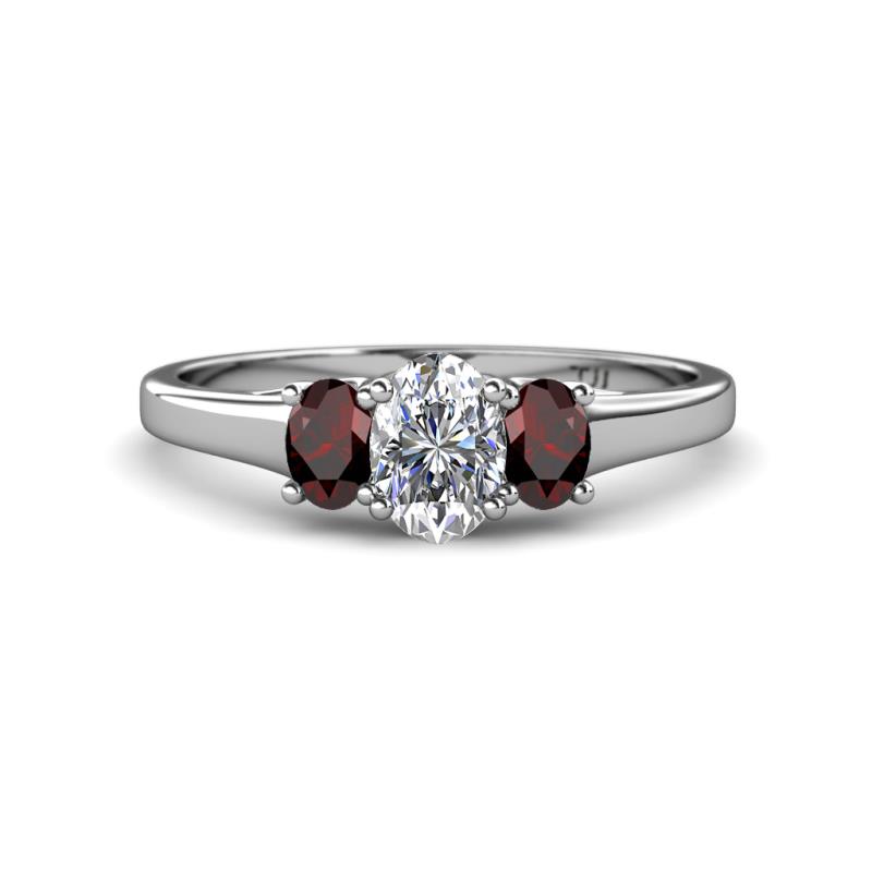 Orana 7x5 mm Oval Cut Diamond and Red Garnet 1.52 ctw Trellis Three Stone Engagement Ring 