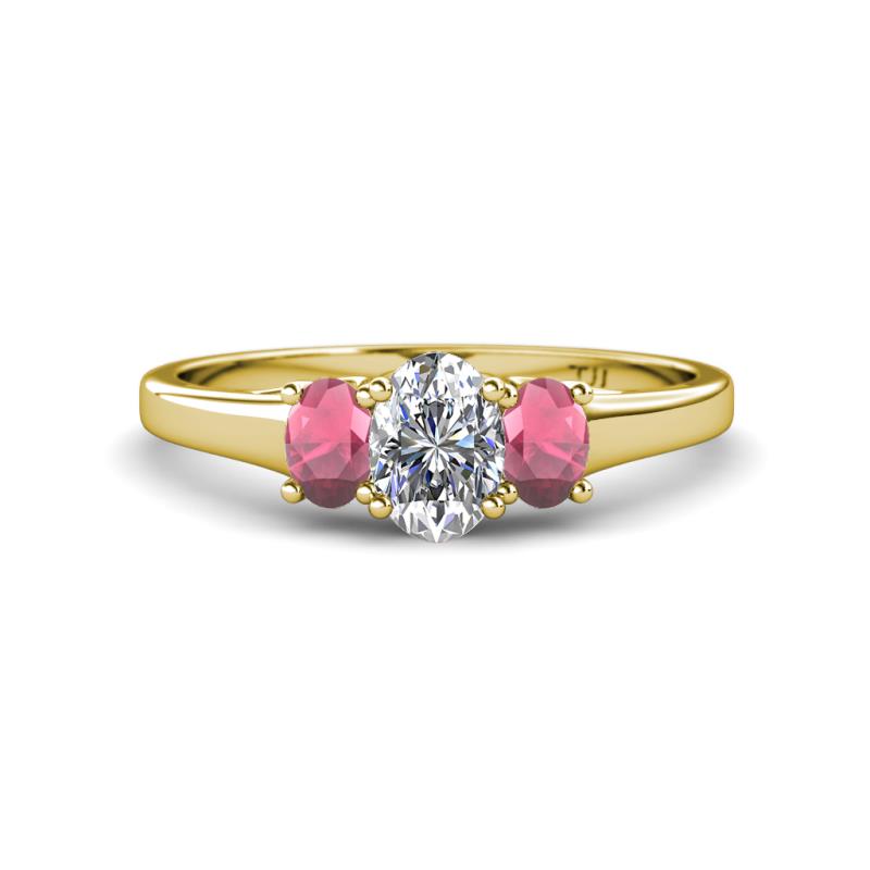 Orana 7x5 mm Oval Cut Diamond and Rhodolite Garnet 1.52 ctw Trellis Three Stone Engagement Ring 