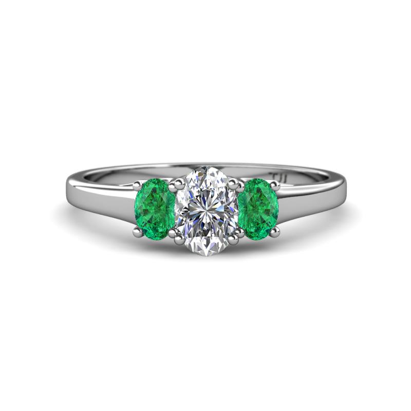 Orana 7x5 mm Oval Cut Diamond and Emerald 1.36 ctw Trellis Three Stone Engagement Ring 