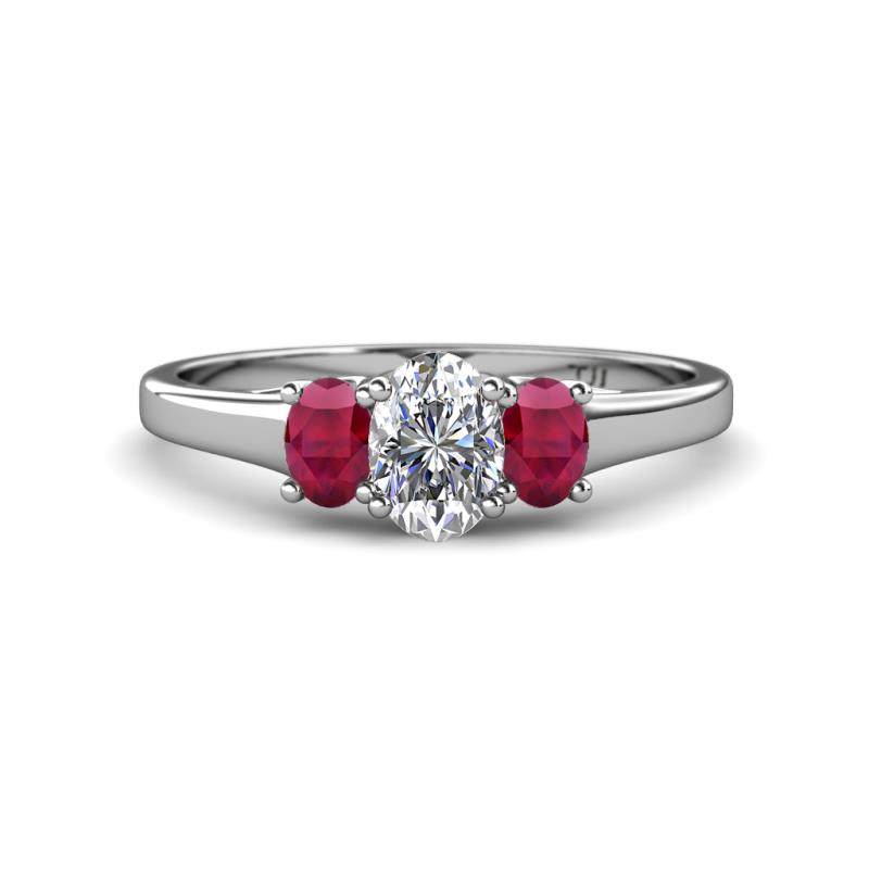 Orana 7x5 mm Oval Cut Diamond and Ruby 1.52 ctw Trellis Three Stone Engagement Ring 