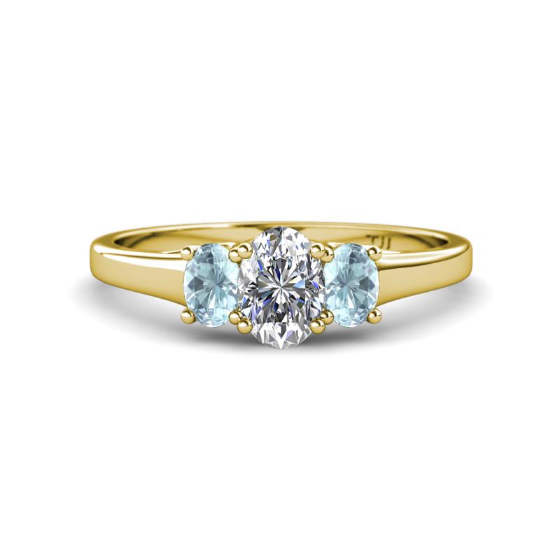 Orana 7x5 mm Oval Cut Diamond and Aquamarine 1.45 ctw Trellis Three Stone Engagement Ring 