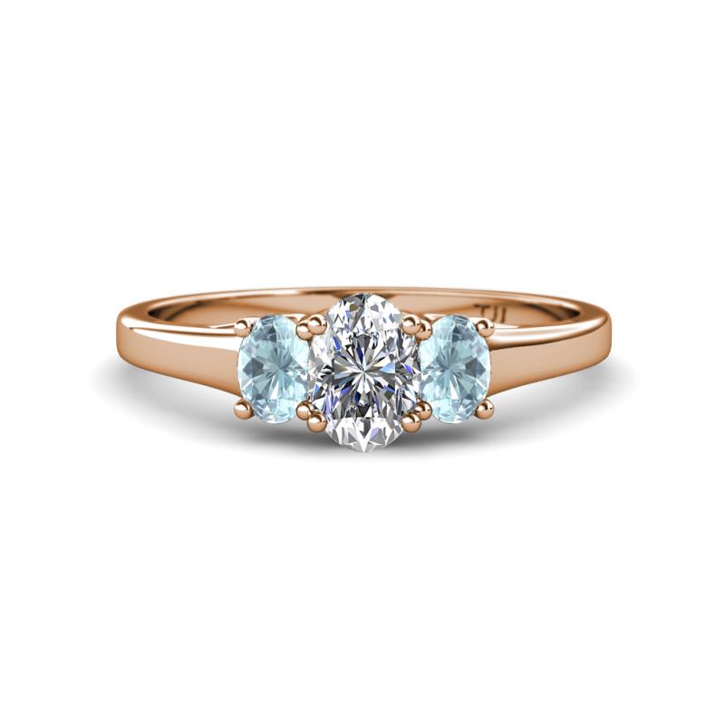 Orana 7x5 mm Oval Cut Diamond and Aquamarine 1.45 ctw Trellis Three Stone Engagement Ring 