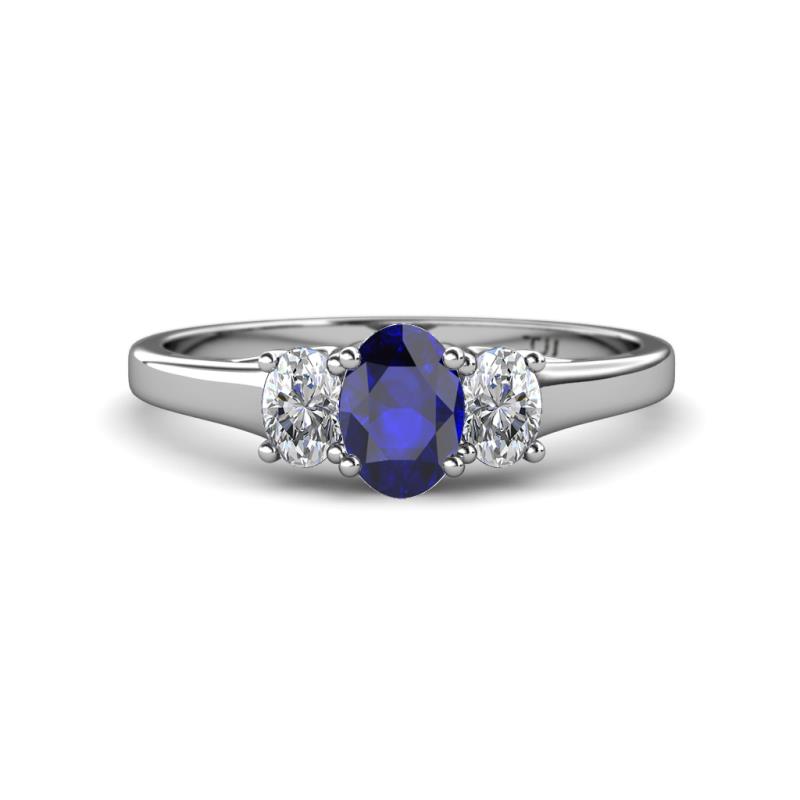 Orana 7x5 mm Oval Cut Blue Sapphire and Diamond 1.49 ctw Trellis Three Stone Engagement Ring 