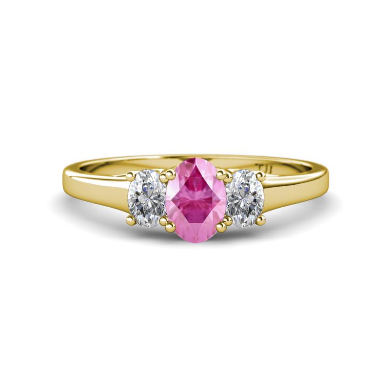Orana 7x5 mm Oval Cut Pink Sapphire and Diamond 1.49 ctw Trellis Three Stone Engagement Ring 
