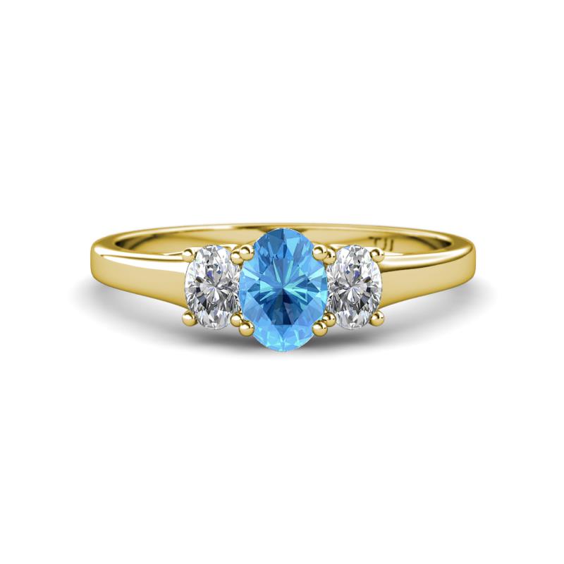 Orana 7x5 mm Oval Cut Blue Topaz and Diamond 1.44 ctw Trellis Three Stone Engagement Ring 