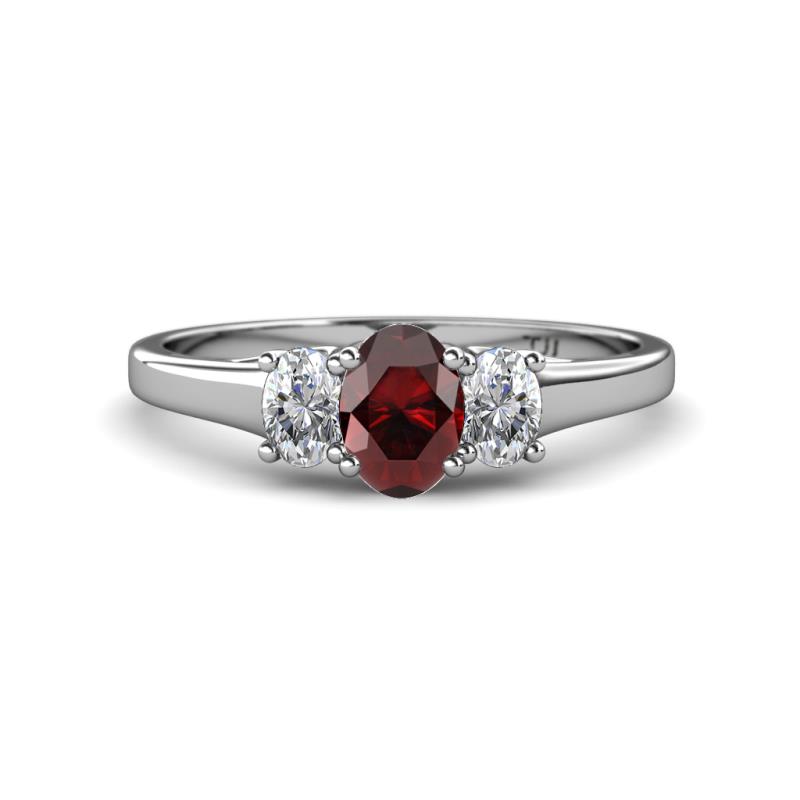Orana 7x5 mm Oval Cut Red Garnet and Diamond 1.49 ctw Trellis Three Stone Engagement Ring 