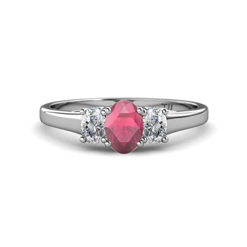 Orana 7x5 mm Oval Cut Rhodolite Garnet and Diamond 1.49 ctw Trellis Three Stone Engagement Ring 