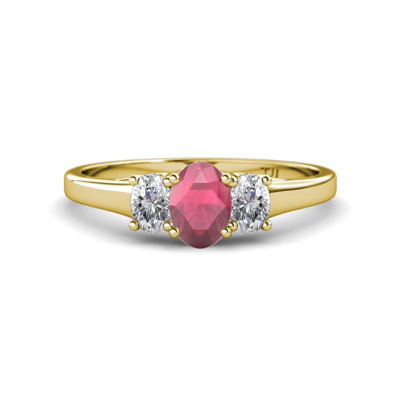 Orana 7x5 mm Oval Cut Rhodolite Garnet and Diamond 1.49 ctw Trellis Three Stone Engagement Ring 