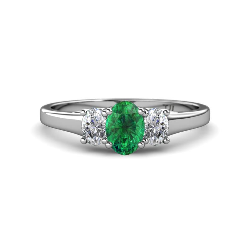 Orana 7x5 mm Oval Cut Emerald and Diamond 1.19 ctw Trellis Three Stone Engagement Ring 