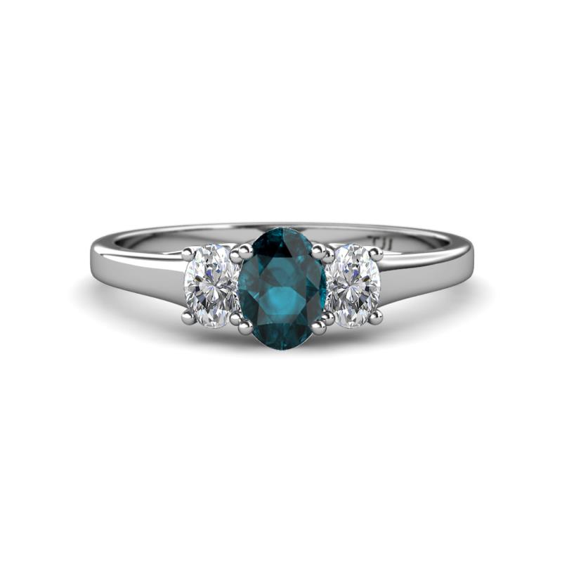 Orana 7x5 mm Oval Cut London Blue Topaz and Diamond 1.44 ctw Trellis Three Stone Engagement Ring 