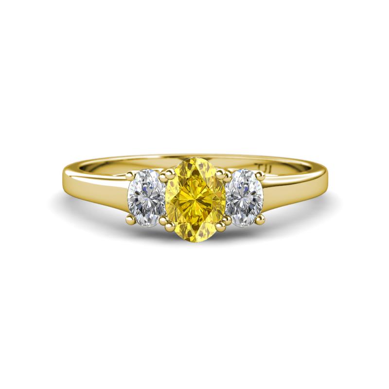 Orana 7x5 mm Oval Cut Yellow Sapphire and Diamond 1.49 ctw Trellis Three Stone Engagement Ring 