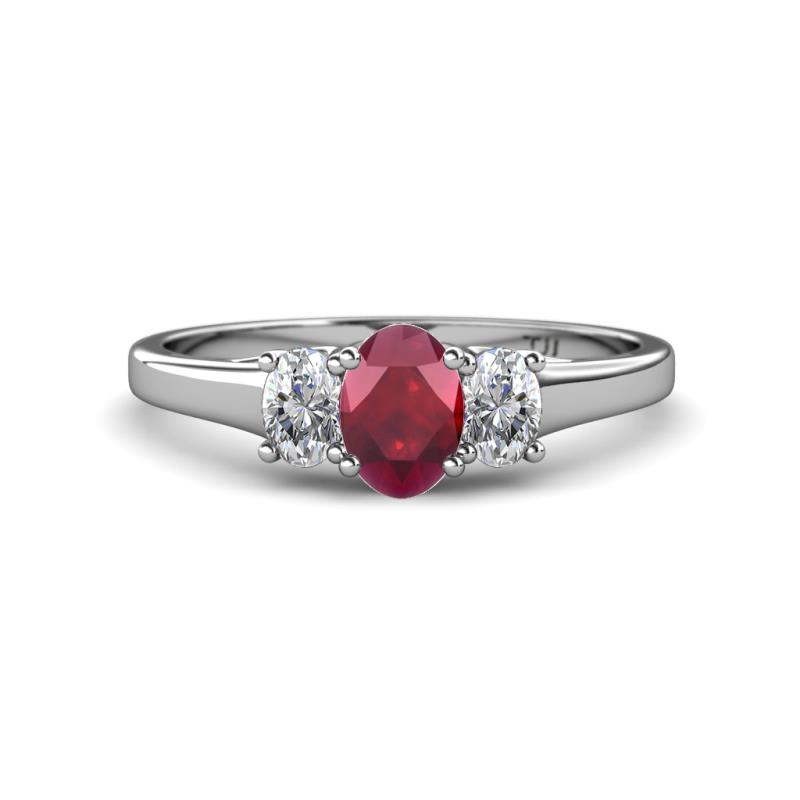 Orana 7x5 mm Oval Cut Ruby and Diamond 1.49 ctw Trellis Three Stone Engagement Ring 