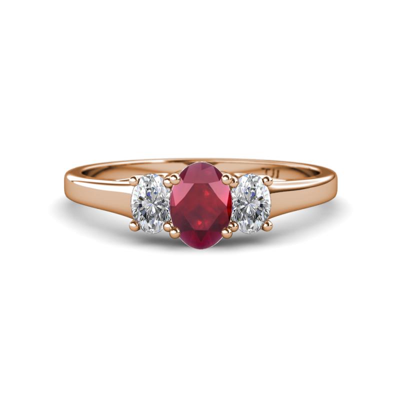 Orana 7x5 mm Oval Cut Ruby and Diamond 1.49 ctw Trellis Three Stone Engagement Ring 