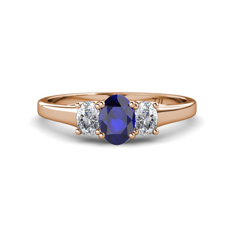 Orana 7x5 mm Oval Cut Blue Sapphire and Diamond 1.49 ctw Trellis Three Stone Engagement Ring 