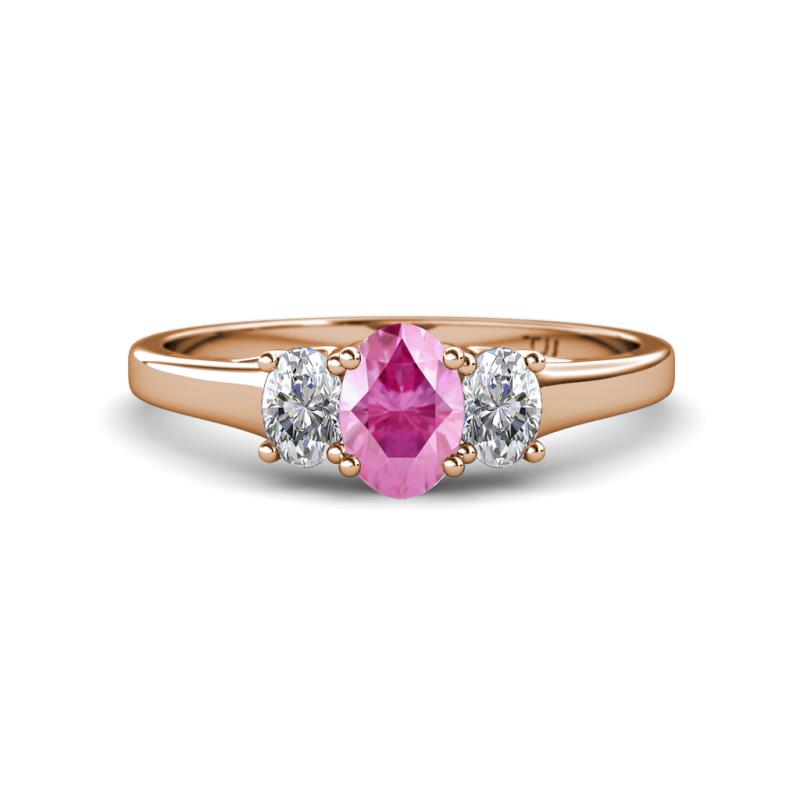 Orana 7x5 mm Oval Cut Pink Sapphire and Diamond 1.49 ctw Trellis Three Stone Engagement Ring 