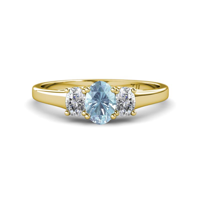 Orana 7x5 mm Oval Cut Aquamarine and Diamond 1.34 ctw Trellis Three Stone Engagement Ring 