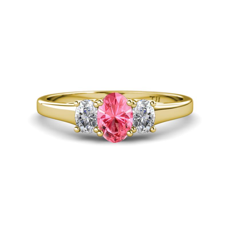 Orana 7x5 mm Oval Cut Pink Tourmaline and Diamond 0.89 ctw Trellis Three Stone Engagement Ring 
