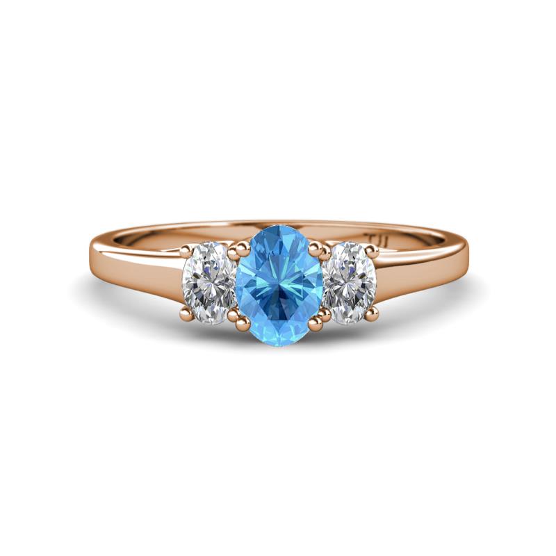 Orana 7x5 mm Oval Cut Blue Topaz and Diamond 1.44 ctw Trellis Three Stone Engagement Ring 