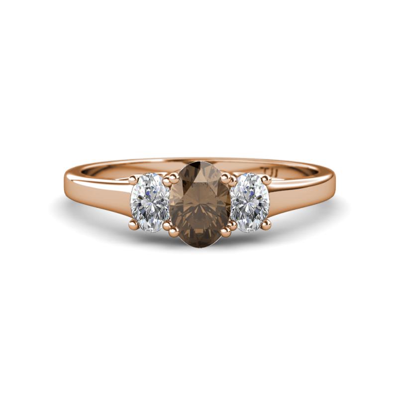 Orana 7x5 mm Oval Cut Smoky Quartz and Diamond 1.34 ctw Trellis Three Stone Engagement Ring 