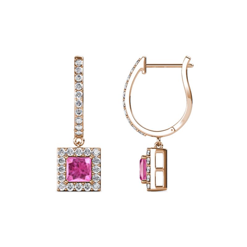 Ilona (4mm) Princess Cut Pink Sapphire and Round Diamond Halo Dangling Earrings 