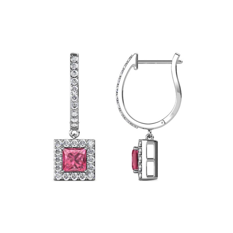 Ilona (4mm) Princess Cut Pink Tourmaline and Round Diamond Halo Dangling Earrings 