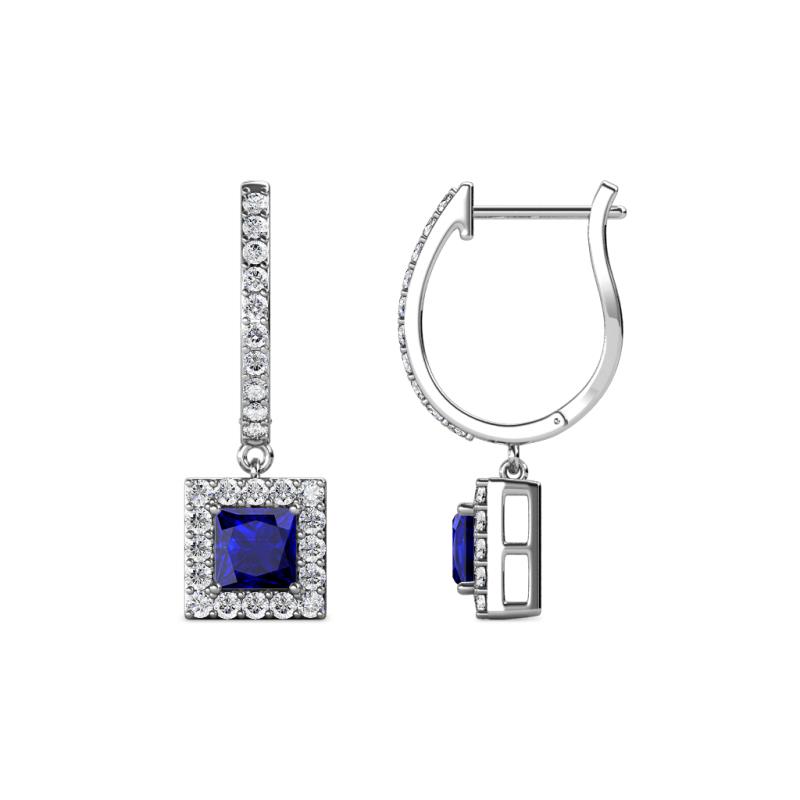 Ilona (4mm) Princess Cut Blue Sapphire and Round Diamond Halo Dangling Earrings 