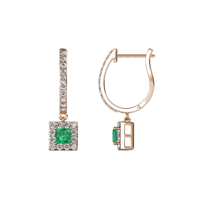 Ilona (3.5mm) Princess Cut Emerald and Round Diamond Halo Dangling Earrings 