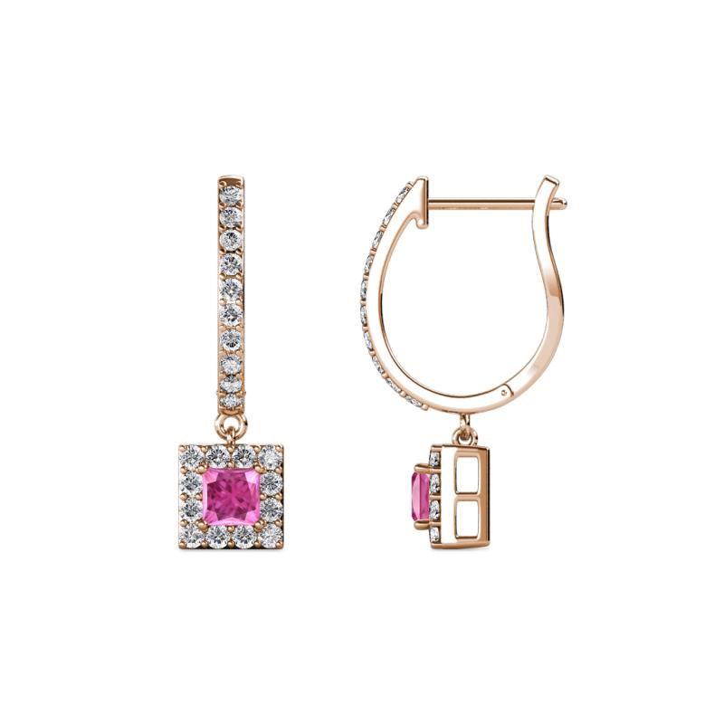 Ilona (3.5mm) Princess Cut Pink Sapphire and Round Diamond Halo Dangling Earrings 