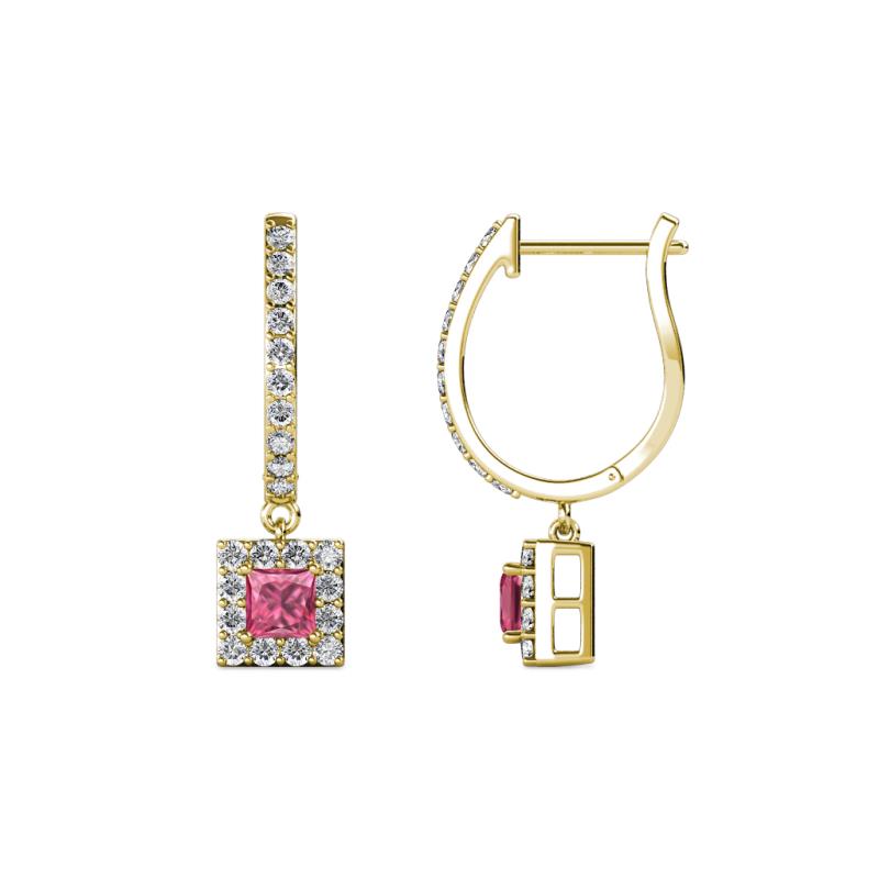 Ilona (3.5mm) Princess Cut Pink Tourmaline and Round Diamond Halo Dangling Earrings 