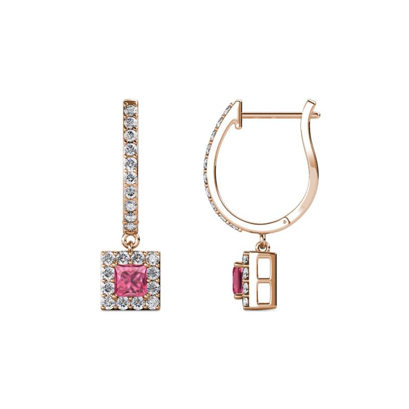 Ilona (3.5mm) Princess Cut Pink Tourmaline and Round Diamond Halo Dangling Earrings 