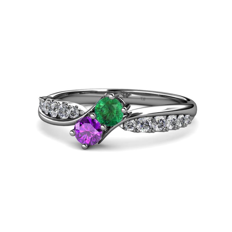Nicia Emerald and Amethyst with Side Diamonds Bypass Ring 