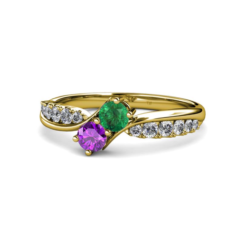 Nicia Emerald and Amethyst with Side Diamonds Bypass Ring 