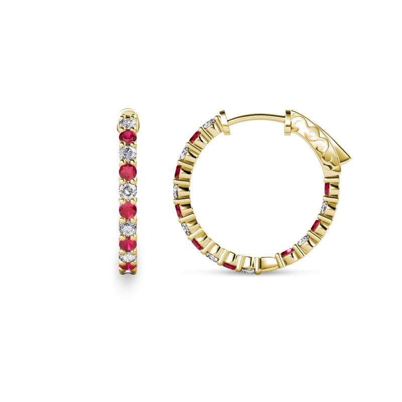 Carisa 0.66 ctw (1.70 mm) Inside Outside Round Ruby and Natural Diamond Eternity Hoop Earrings 