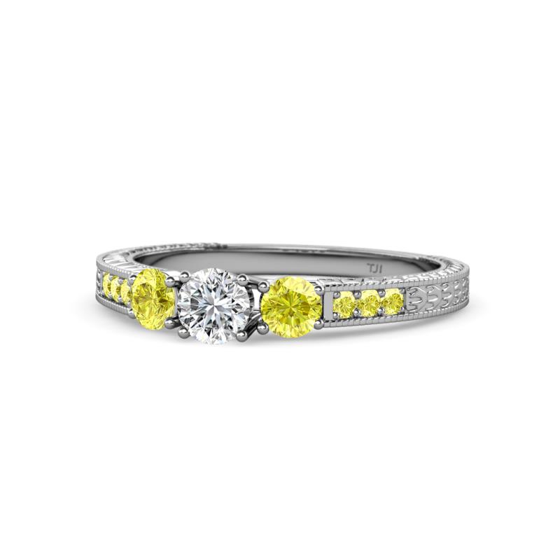Ayaka Yellow and White Diamond Three Stone with Side Yellow Diamond Ring 