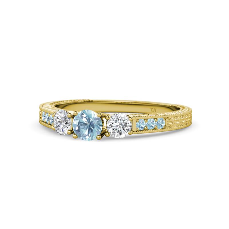 Ayaka Aquamarine and Diamond Three Stone with Side Aquamarine Ring 