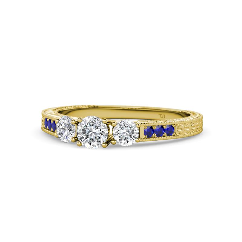 Ayaka Diamond Three Stone with Side Blue Sapphire Ring 
