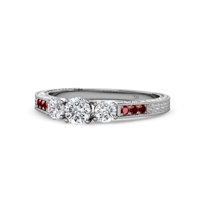 Ayaka Diamond Three Stone with Side Red Garnet Ring 