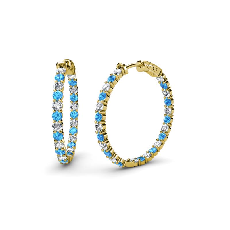 Carisa 1.90 ctw (2.30 mm) Inside Outside Round Blue Topaz and Natural Diamond Eternity Hoop Earrings 