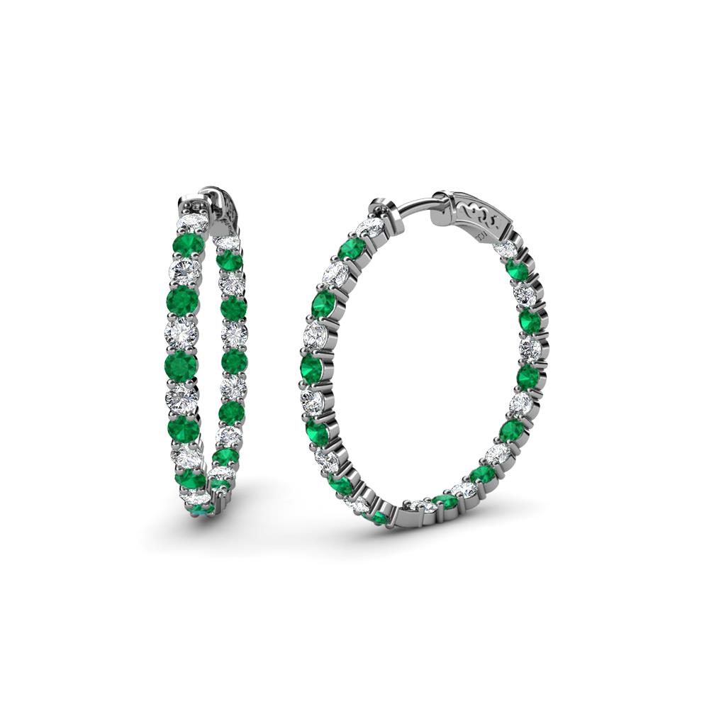 Carisa 1.60 ctw (2.30 mm) Inside Outside Round Emerald and Natural Diamond Eternity Hoop Earrings 
