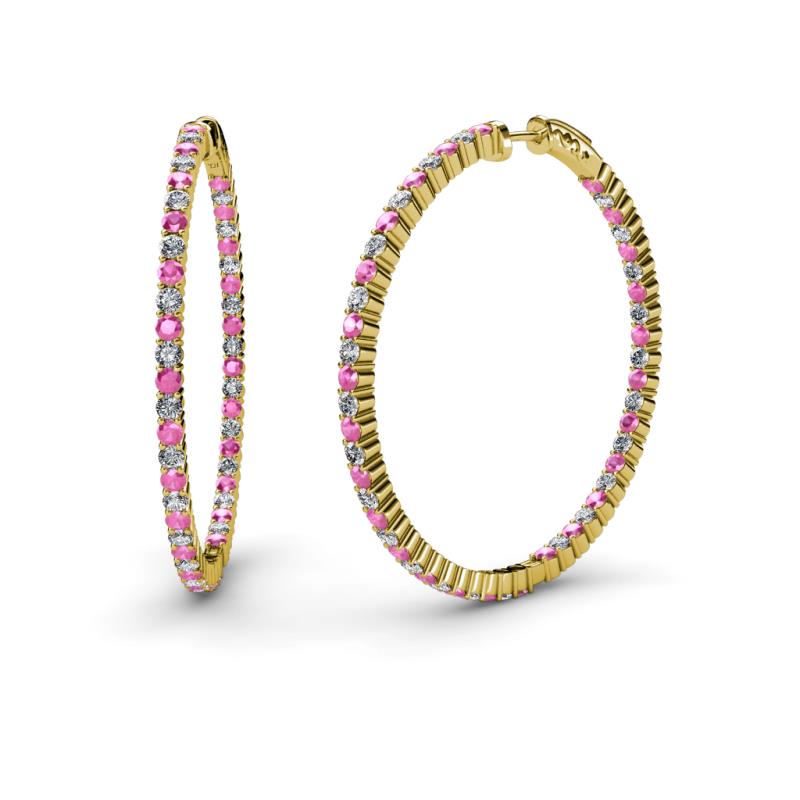 Carisa 2.56 ctw (1.80 mm) Inside Outside Round Pink Sapphire and Natural Diamond Eternity Hoop Earrings 