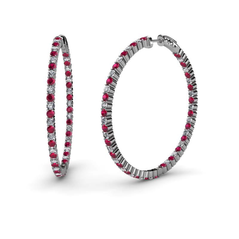 Carisa 2.56 ctw (1.80 mm) Inside Outside Round Ruby and Natural Diamond Eternity Hoop Earrings 