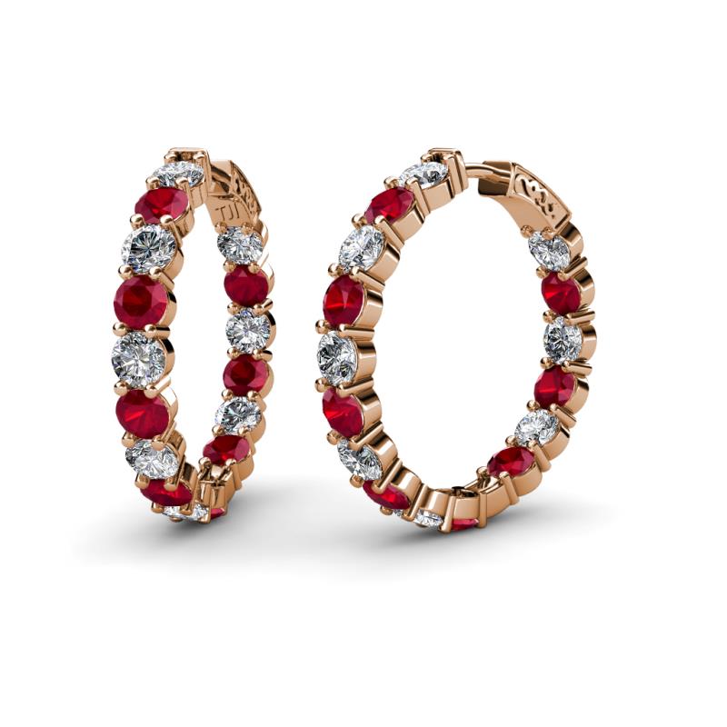 Carisa 11.36 ctw (4.50 mm) Inside Outside Round Lab Created Ruby and Natural Diamond Eternity Hoop Earrings 