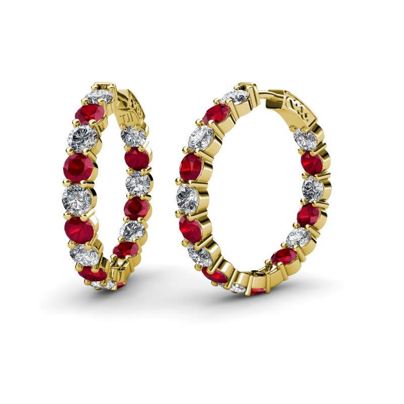 Carisa 11.36 ctw (4.50 mm) Inside Outside Round Lab Created Ruby and Lab Grown Diamond Eternity Hoop Earrings 