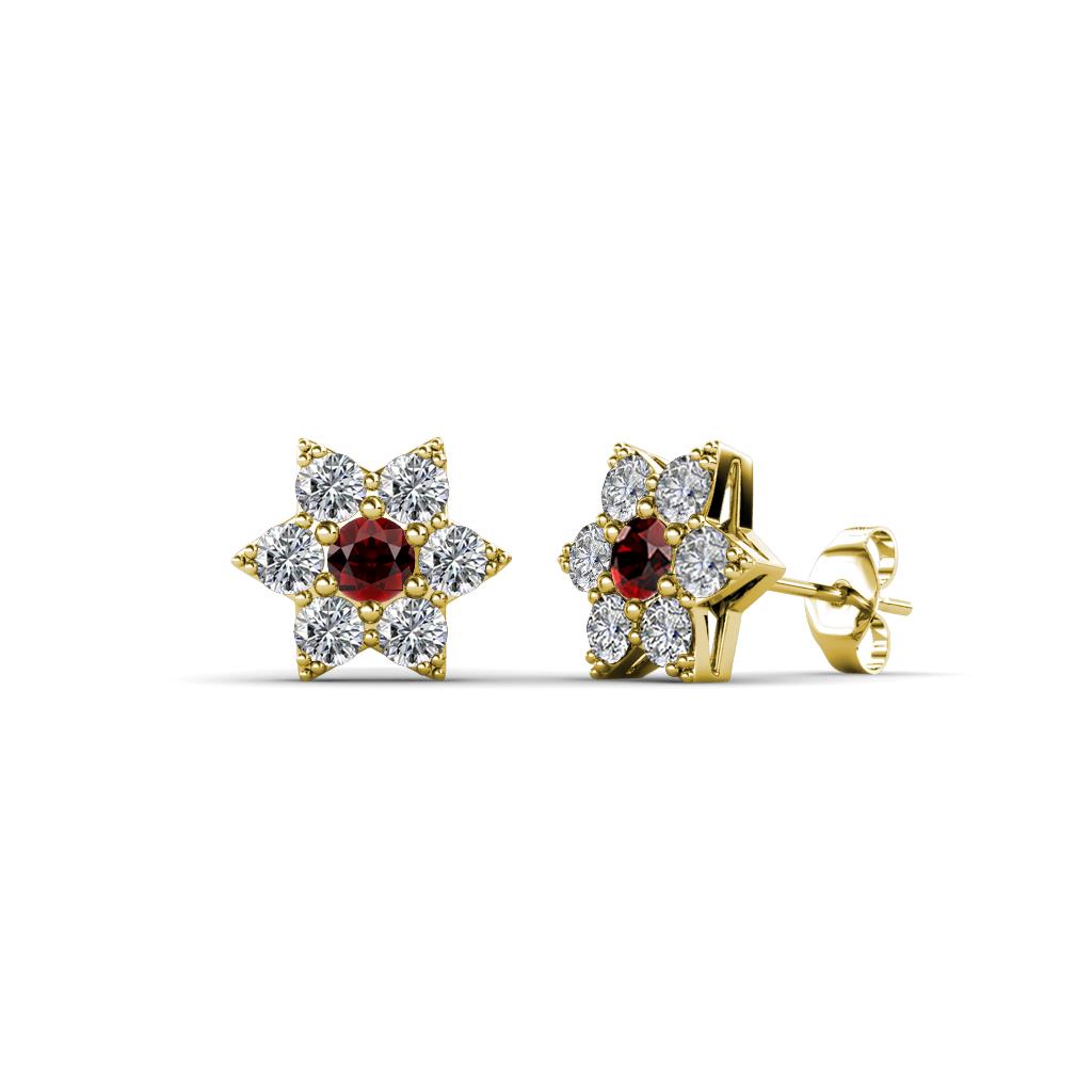 Amora Red Garnet and Lab Grown Diamond Flower Earrings 