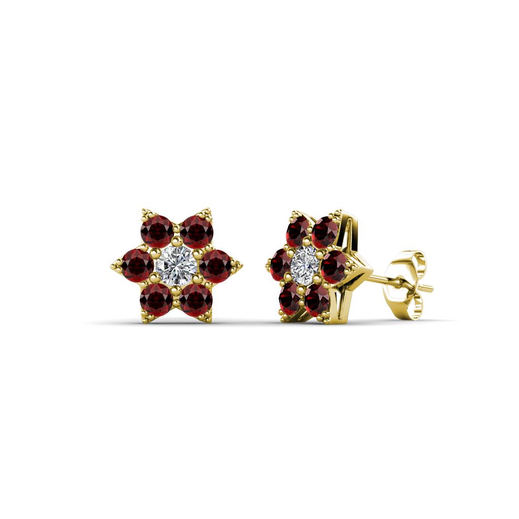 Amora Lab Grown Diamond and Red Garnet Flower Earrings 