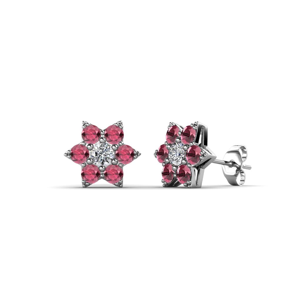 Amora Lab Grown Diamond and Rhodolite Garnet Flower Earrings 