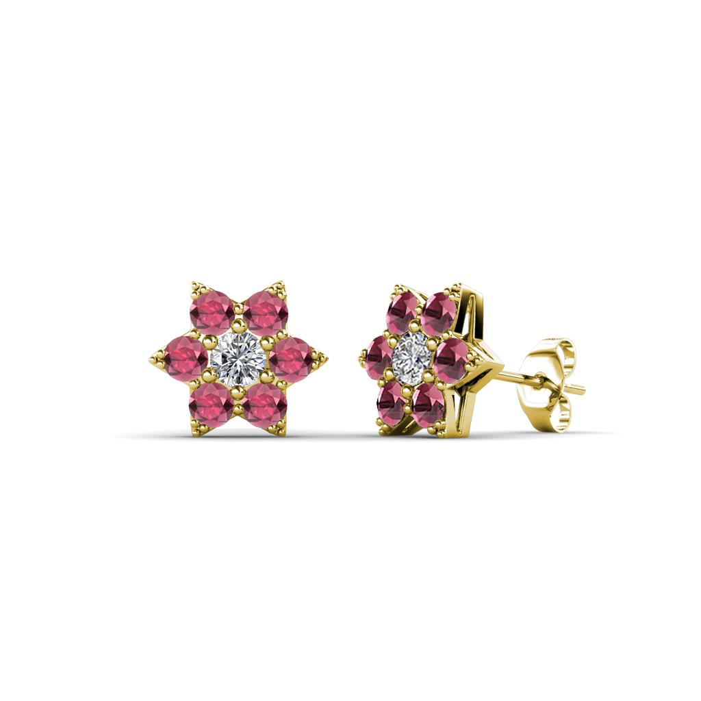 Amora Lab Grown Diamond and Rhodolite Garnet Flower Earrings 