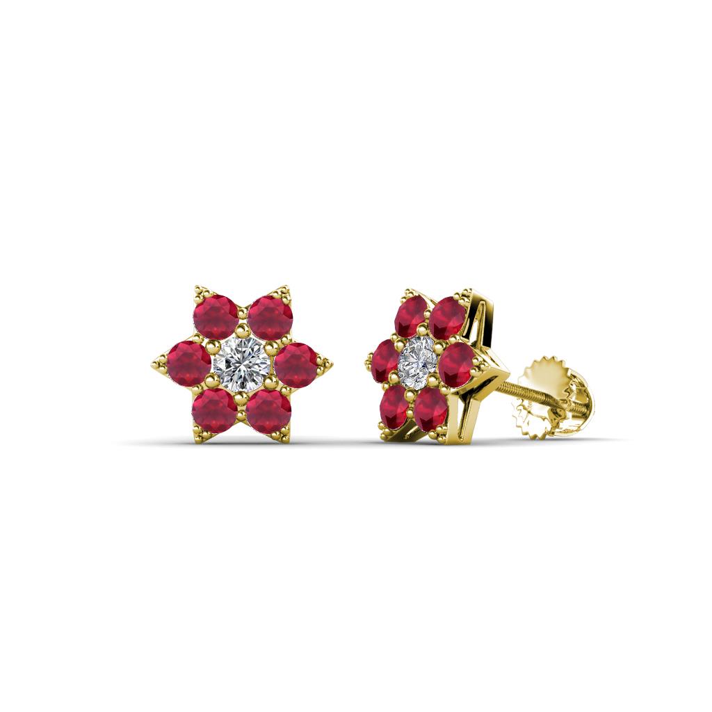 Amora Lab Grown Diamond and Ruby Flower Earrings 